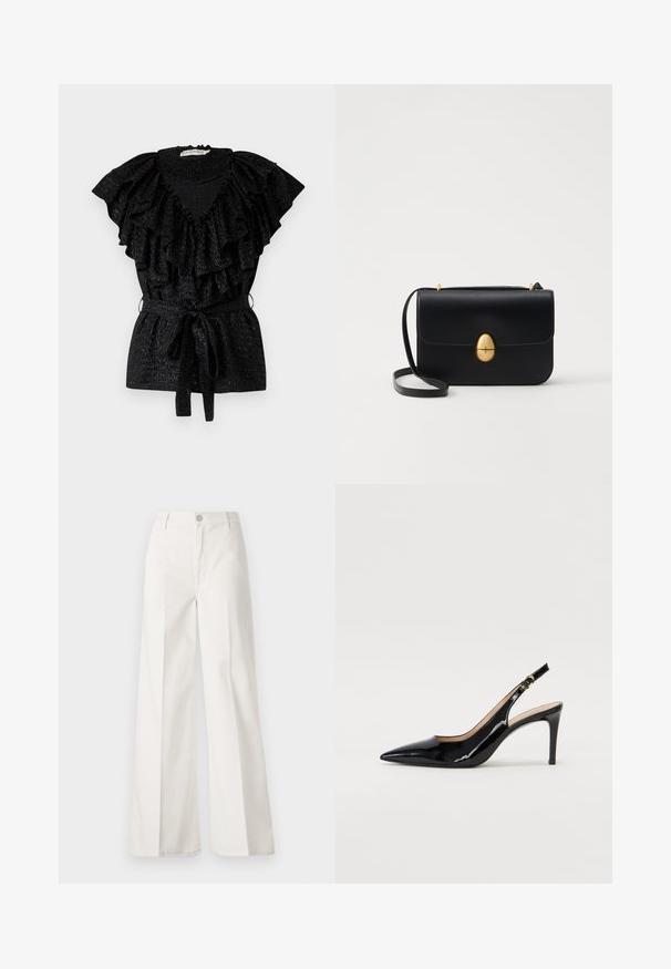 Black blouse with large ruffled neckline and short sleeves. Features a smocked bodice and tie waist. Made from textured fabric.; White wide-leg trousers made from cotton with a smooth texture. Features a front button, zipper fly, and four-pocket design.; Black patent leather slingback pump with pointed toe, slim heel, and a subtle cutout design. Features a gold buckle on the strap.; Black leather handbag with a structured rectangular shape. Features a golden oval clasp and a thin shoulder strap. Smooth texture.