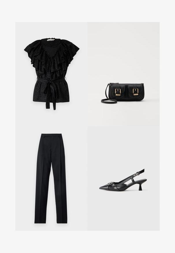 Black blouse with large ruffled neckline and short sleeves. Features a smocked bodice and tie waist. Made from textured fabric.; Black trousers made from smooth fabric featuring a high waist, wide legs, front pleats, and classic belt loops. No side pockets visible.; Black leather slingback shoe with a pointed toe, decorative straps featuring metal eyelets, and a low block heel. Textured surface.; Black leather crossbody bag with two front pockets, gold buckles, zipper closure, and a slim strap. Textured surface and compact rectangular shape.