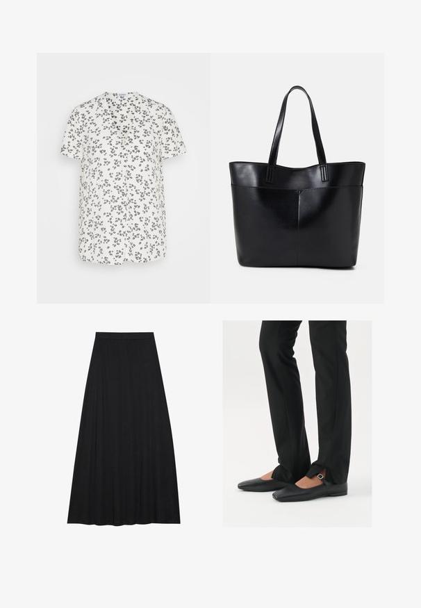 Esprit V NECK - T-shirt estampada - off white; Saia maxi preta feita de um tecido suave e fluido. Apresenta uma cintura elástica e uma silhueta plena em A, com uma textura suave.; Sapatilhas de balé pretas em couro com bico fino, tira com fivela prateada, combinadas com calças pretas ajustadas com bainha fendida.; Bolsa tote preta em couro com duas alças longas, textura suave e forma estruturada. Apresenta um bolso frontal para armazenamento adicional.