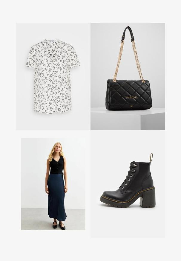 Esprit - T-shirt z nadrukiem; Czarny prążkowany top z guzikami w stylu crop i granatowa satynowa maxi spódnica. Spódnica ma gładką powierzchnię i rozkloszowany dół, zestawiona z czarnymi płaskimi butami.; Czarne skórzane botki za kostkę z masywnym wysokim obcasem, sznurówką z przodu, metalowymi oczkami i żółtym przeszyciem wzdłuż podeszwy. Teksturowana gumowa podeszwa.; Czarna pikowana skórzana torba na ramię z złotą łańcuszkową rączką i detalem logo. Prostokątny kształt, gładka tekstura, z klapką na zamek.