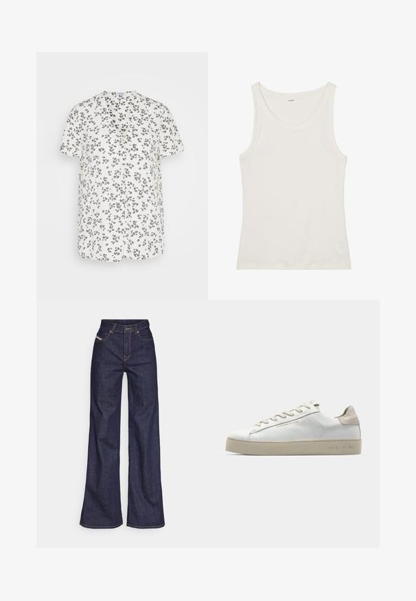 Esprit V NECK - Trükipildiga T-särk - off white; Valge puuvillane top, millel on lai kaelus ja õhukesed õlavarre rihmad. Sile tekstuur ilma nähtavate mustrite või kaunistusteta.; Tumedates sinised laiad teksad denimpesus, kõrge vöökohaga, mis on varustatud oranžide õmblustega, viie-taskulise disaini ja nööbiga kinnitusega.; Valge nahast toss, millel on sile pind, beežist seemisnahast aktsendid, ümar nina, lame puuvillane pael ja tekstuuriga kummitald.