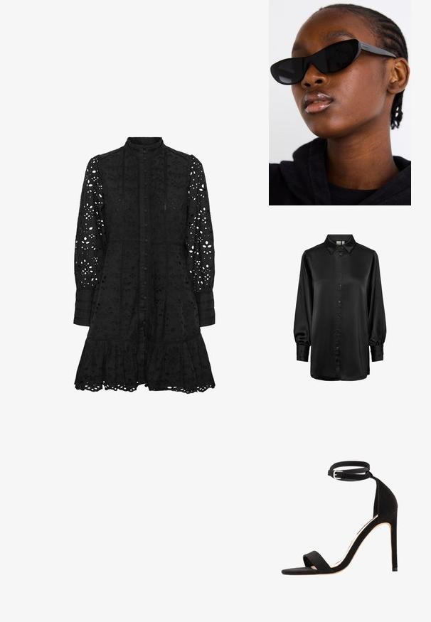 Zwarte satijnen blouse met een kraaghals, lange pofmouwen en een knoopsluiting aan de voorkant. Glad textuur en glanzend oppervlak.; Zwarte geborduurde jurk met een hoge kraag, knoopsluiting aan de voorkant, lange mouwen en een gerimpelde zoom. Heeft uitsnijdingen in bloem- en geometrische patronen.; Zwarte suède high-heeled sandalen met een eenvoudig bandontwerp, open teen, en enkelband met een zilveren gesp.; Zwarte cat-eye zonnebril met een matte afwerking, met een stijlvolle vorm en licht gebogen randen, geplaatst tegen de donkere kleding van een model.; Zilveren creolen met een gepolijste afwerking, uitgerust met een cirkelontwerp en naadloze scharnieren, die een gladde textuur tentoonstellen.