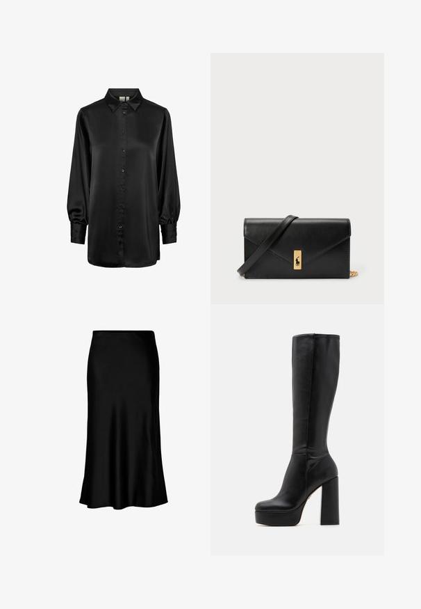 Bluză din satin neagră cu decolteu cu guler, mâneci lungi tip balon și închidere cu nasturi în față. Textură netedă și suprafață lucioasă.; Fustă midi din satin negru, cu o textură netedă, tiv evazat și talie ajustată, având un design simplu și clasic.; Botine negre, până la genunchi, din piele netedă cu finisaj texturat, având un toc înalt și pătrat și un vârf rotunjit.; Portofel din piele neagră, cu clapetă pliabilă, accesorii din aur, având un accent cu logo. Include o curea detașabilă pentru purtare.
