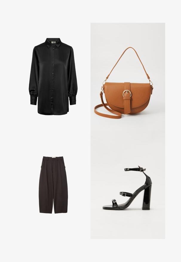 Črna satenasta bluze z ovratnikom, dolgimi nabranimi rokavi in sprednjim gumbom. Gladka tekstura in sijoča površina.; Črne široke hlače iz gladkega materiala, z visokim pasom, zgornjimi pregibi in stranskimi žepi. Preprost dizajn brez okrasnih elementov.; Črne lakaste sandale z visokimi petami, z dvema trakovoma z zaponkama, kvadratnim sprednjim delom in masivno širšo peto, z gladko, sijočo teksturo.; Rjava usnjena torbica prek telesa s ukrivljeno obliko, zlate opreme in sponko. Ima odstranljiv naramni trak.