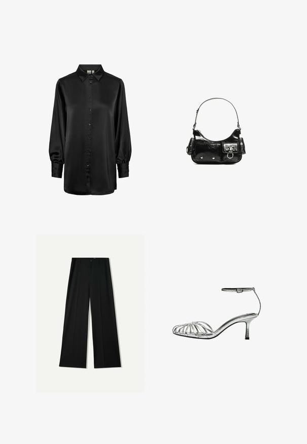 Bluză din satin neagră cu decolteu cu guler, mâneci lungi tip balon și închidere cu nasturi în față. Textură netedă și suprafață lucioasă.; Bershka WIDE - Pantaloni - black; Sandale argintii cu barete, cu un toc mic, prezentând mai multe barete împletite, o bandă pentru glezna cu cataramă și o textură netedă, strălucitoare.; Geantă de mână din piele lăcuită neagră, cu o formă curbată, un umăr, buzunare frontale și accente din metal argintiu.