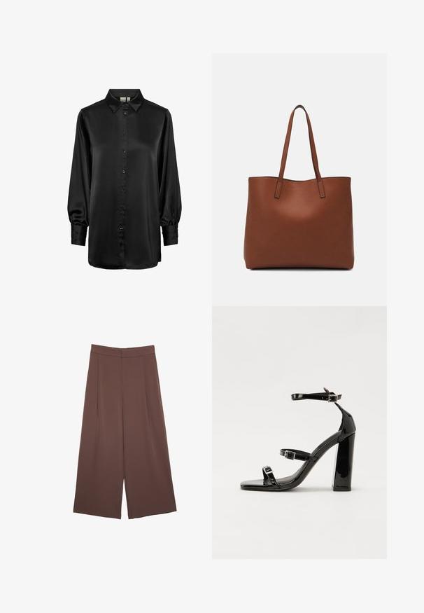 Černá saténová blůza s límečkem, dlouhými nabranými rukávy a předním zapínáním na knoflíky. Hladká textura a lesklý povrch.; Hnědé široké kalhoty s hladkou texturou, vysokým pasem a předními záhyby. Materiál je lehký a volně splývá.; Černé lakované sandály na podpatku se čtveratou špičkou, lýtkovými pásky a stříbrnými přezkami. Disponují masivním blokovým podpatkem pro stabilitu.; Hnědá kožená taška přes rameno s hladkou texturou, otevřeným designem a dvěma ramenními popruhy. Obsahuje minimální švy a žádné viditelné kovové prvky.