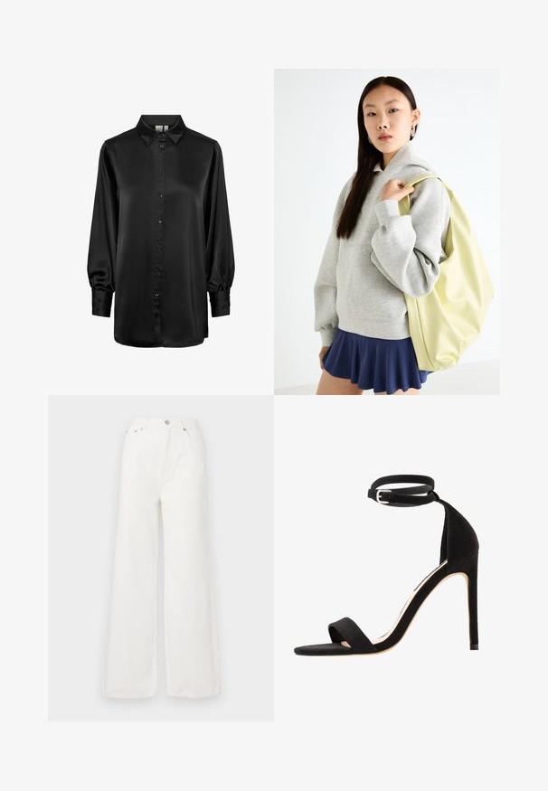 Melna satīna blūze ar apkakles dekoltē, garām pūkainām piedurknēm un priekšējo pogu aizdari. Gluda tekstūra un spīdīga virsma.; Baltās augstās platā džinsu bikses, kas izgatavotas no denima. Tām ir priekšējās kabatas, pogu aizdare un plīsumi apakšmalā.; Melnas zamšādas augstpapēžu sandales ar vienkāršu siksniņu dizainu, atvērtu purngalu un potītes siksniņu ar sudraba sprādzi.; Pelēka lielizmēra kapučjakete ar kanguru kabatu, kombinēta ar tumši lazdu svārkiem. Aksesuārs: liela gaismas dzeltena mugursoma ar gludu tekstūru.; Zelta krāsas auskari gredzena formā, plāni un apaļi, ar gludu metāla apdari un bez rotājumiem vai zīmējumiem.