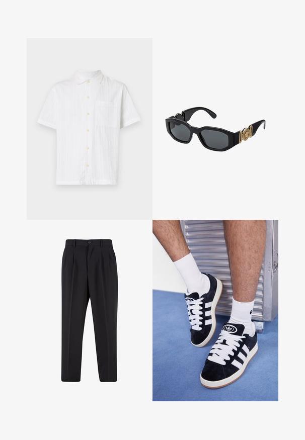 Fehér rövid ujjú ing, gombos elülső résszel, egyetlen zsebbel, texturált anyagból és világos sárga gombokkal.; Fehér pamut póló rövid ujjal, kerek nyakú, laza szabású, és nincsenek látható logók vagy minták. Simább textúra és minimalista dizájn.; Fekete nadrág, pliszézett elejű dizájnnal, sima anyagból készült. Gombos záródás és övhurkok jellemzik; egyenes szabású.; Fekete velúr sportcipők fehér fűzőkkel és három fehér csíkkal. A nyelvén egy kör alakú fekete logó található, valamint egy gumis talp.; Fekete napszemüveg tömör, geometriai kerettel, sötét lencsékkel és arany fém kiegészítőkkel a halántékon, kerek embléma részlettel.