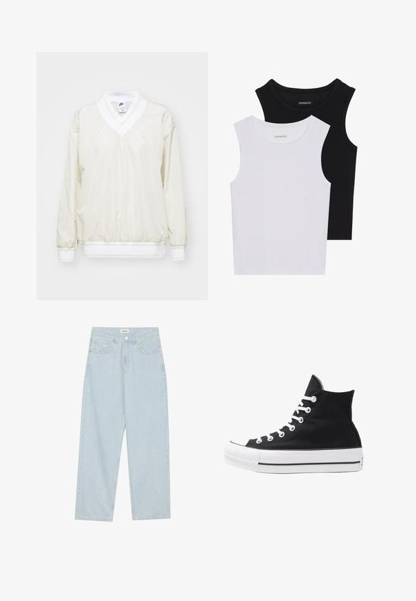 Pullover Nike bege claro com decote em V, mangas longas e punhos elásticos. Apresenta uma cintura branca e um pequeno logótipo bordado no peito.; Duas blusas sem mangas em preto e branco, feitas de algodão canelado, com decotes redondos e um design ajustado. Etiquetas visíveis em ambas.; Calças jeans de perna larga em azul-claro, feitas de denim, com uma cintura média, cinco bolsos e um fecho de botão com um pequeno detalhe metálico.; Shoe de lona preta de cano alto com ilhós, atacadores e sola de borracha brancos. Apresenta um bico texturizado e detalhes em riscas preta e branca.