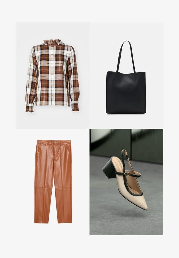 Barna, krém és tengerész kék kockás gombos ing fodros gallérral és hosszú ujjakkal, gombos részletekkel és laza szabással.; Barna műbőr nadrág, testhez simuló fazonnal, elöl pliszírozott részletekkel és egyenes szárakkal. Sima textúra, látható fém részletek vagy díszítések nélkül.; Beige, hegyes orrú, pántos cipő fekete díszítéssel, arany csattal és vastag blokk sarokkal, szürke padlón, sötétzöld háttér előtt.; Fekete bőrtáska sima felszínnel, téglalap alakú, két hosszú füllel. Nincs látható fémkiegészítő vagy díszítés.