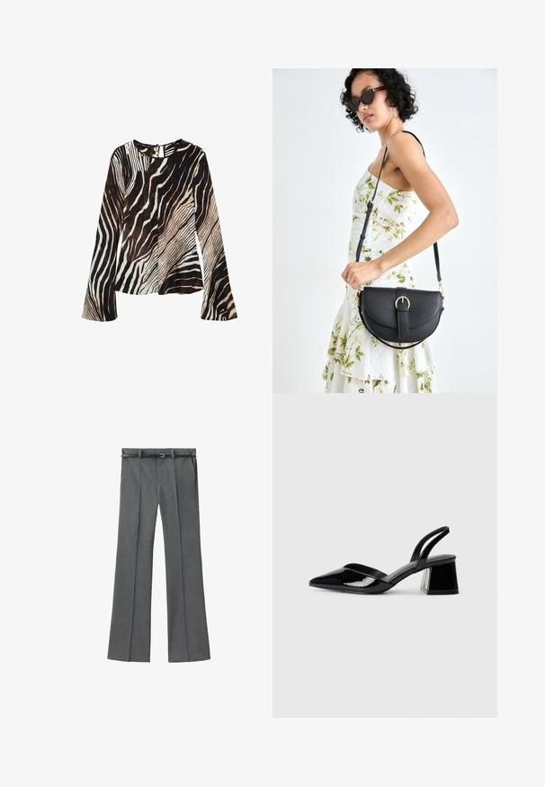 Bluză cu mâneci lungi dintr-un material ușor, cu un model zebra în nuanțe de negru, brun și crem. Detaliu în formă de cheiță la spate.; Pantaloni gri ajustați cu un design drept, dintr-un material ușor, cu bucle pentru curea și o curea îngustă care are o cataramă argintie.; Pantofi cu toc slingback din piele lacuită neagră, cu vârf ascuțit și toc geometric. Prezintă un design elegant, minimalist și o textură netedă.; Geantă din piele neagră, cu o formă curbată, curea detașabilă și accesorii aurii. Geanta are un capac cu un detaliu tip cataramă.
