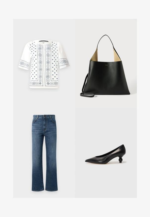 Witte blouse met korte mouwen, versierd met blauwe bloemenborduursels, een ronde halslijn en complexe patronen langs de voorkant en mouwen.; Donkerblauwe denim jeans met een rechte pijp, vijf zakken, knoopsluiting en subtiele stiksels.; Zwarte leren hoge hak schoen met een spitse neus en een ronde, bolle hak. Gladde textuur met een elegant, minimalistisch ontwerp.; Zwarte leren handtas met een ruime, hoekige vormgeving. Voorzien van een contrasterende tan binnenkant en een dunne schouderband. Minimalistische branding weergegeven.