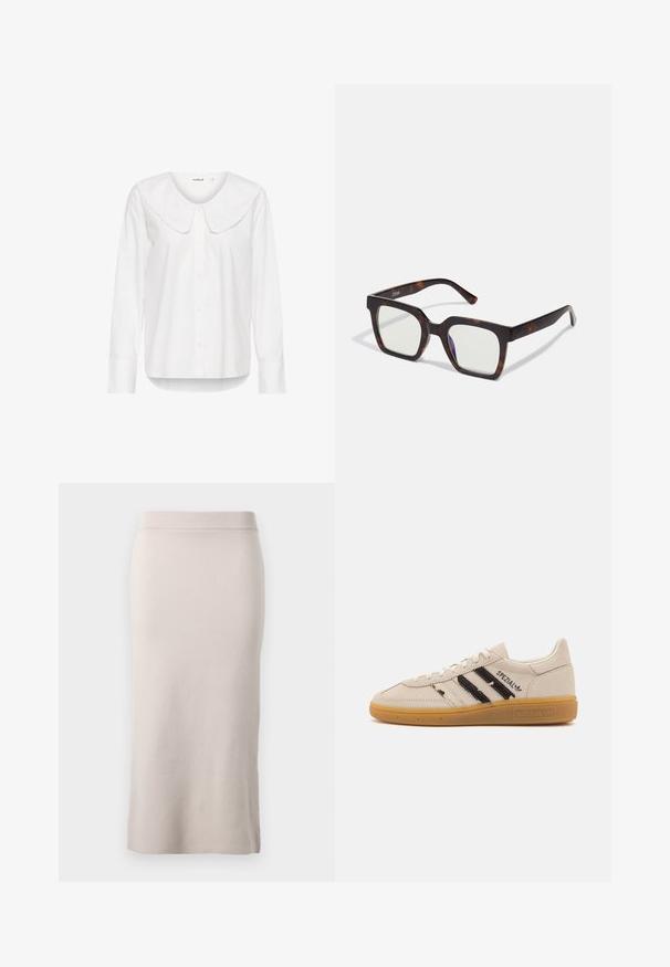 Fehér gombos ing nagy, lekerekített gallérral és hosszú ujjal. Sima anyagból készült, enyhén laza fazonú és ívelt alsó résszel.; Öltözködéshez illő, világos bézs színű kötött ceruzaszoknya, bordás derékrésszel, karcsú szabással és oldalsó hasítékkal a szabad mozgás érdekében. Puha tapintású, visszafogott dizájn.; Beige bőr sneaker fekete csíkokkal és "Spezial" felirattal, texturált gumitalppal és klasszikus fűzős kialakítással.; Négyzet alakú napszemüveg teknőspáncél Acetát kerettel és áttetsző lencsékkel. Széles szárakkal és matt felülettel rendelkezik, ami növeli a tartósságot.