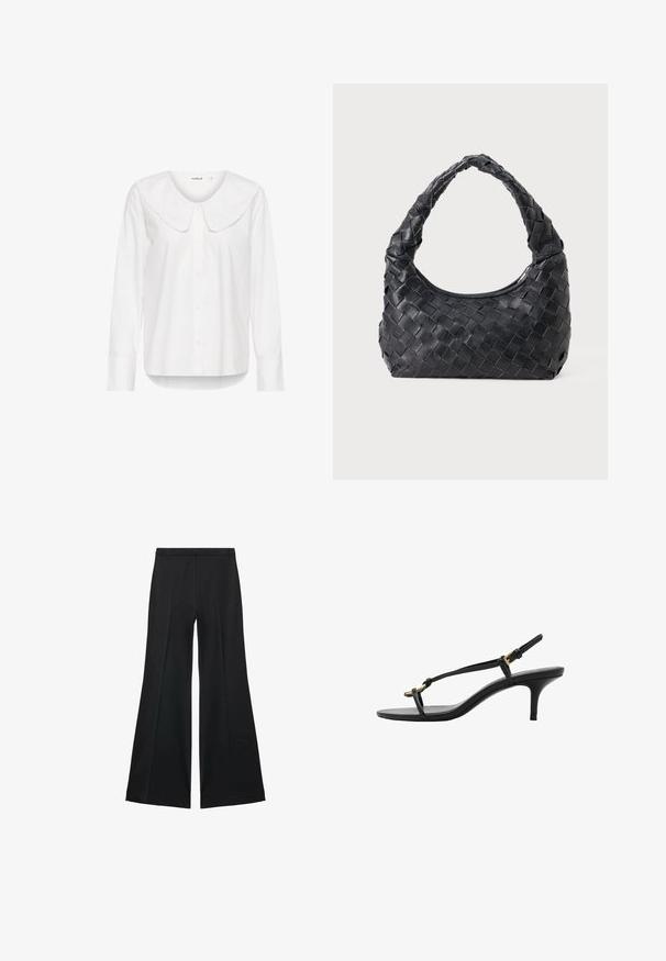 White button-up shirt with a large, rounded collar and long sleeves. Made of smooth fabric with a slightly relaxed fit and curved hem.; Black wide-leg pants with a smooth texture, featuring front pleats and a tailored design. The fabric is lightweight and flowy.; Black leather kitten heel sandal with thin straps, gold buckle, and minimalist toe loop on a white background.; Black leather woven shoulder bag with a rounded handle and crescent-shaped body on a plain background.
