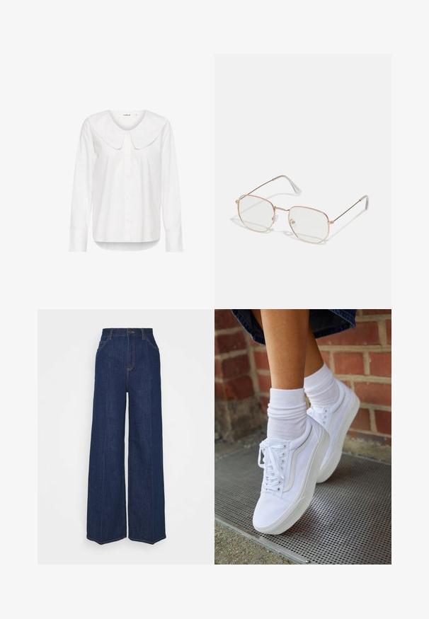 Camicia bianca con colletto grande e arrotondato e maniche lunghe. Realizzata in un tessuto liscio con una vestibilità leggermente rilassata e orlo curvo.; Jeans in denim blu scuro a vita alta e gamba larga, con tasche frontali e posteriori, chiusura con bottone e dettagli di cucitura visibili.; Sneaker bianche in tela con suola in gomma, dotate di sei occhielli, punta rotonda e dettagli di cucitura leggera, abbinate a calzini bianchi alla caviglia.; Occhiali rettangolari con una sottile montatura in metallo color oro rosa. Lenti trasparenti, punte delle aste trasparenti e dettagli delicati attorno alle lenti.