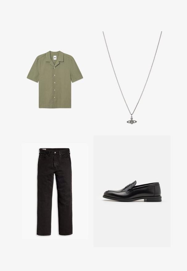 Chemise à manches courtes de couleur olive, en lin, avec un col, une fermeture à boutons et un petit logo sur la poitrine gauche.; T-shirt en coton blanc à manches courtes, col rond, avec un logo Levi's discret imprimé au centre. Texture douce et coupe standard.; Jean en denim noir à jambes droites avec cinq poches, fermeture à bouton et passants de ceinture, posés à plat sur un fond blanc.; Mocassins en cuir noir avec une texture lisse, bout rond et une sangle décorative sur le dessus. Talon bas empilé, design minimaliste.; Collier en chaîne en argent présentant un pendentif détaillé en forme de planète, orné de petites accents et de motifs complexes.