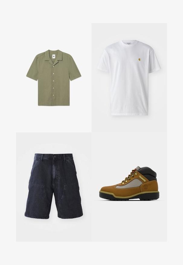 Korte mouwen, olijfgroene shirt van linnen, met een kraag, knoopsluiting en een klein logo op de linkerborst.; Witte katoenen t-shirt met korte mouwen en ronde hals, voorzien van een klein gouden logo op de linkerkant van de borst. Zachte textuur en een normale pasvorm.; Donkerdenim shorts met een rechte snit, grote voorzakken en een knoopsluiting; gladde textuur en minimale stikdetails.; Bruine wandelschoen met grijze en zwarte accenten, bovenwerk van gestructureerd leer, metalen oogjes en een robuuste rubberen zool voor grip.