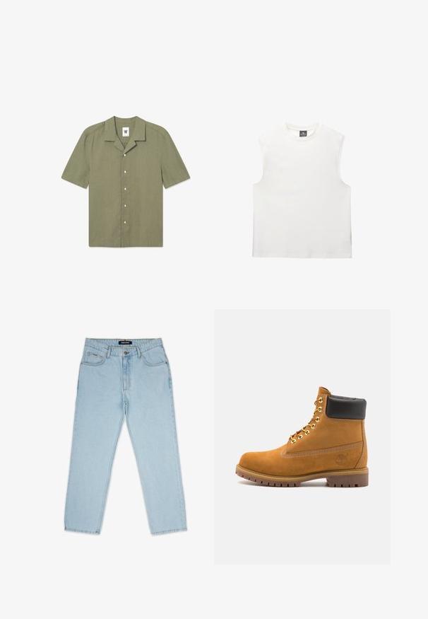 Kratke rokave, olivno zelena srajca iz platna, z ovratnikom, gumbnim zapenjanjem in majhnim logotipom na levem prsnem delu.; Bela brezrokavna majica s prostim ovratnikom, izdelana iz mehke bombažne tkanine. Ima raven kroj in čiste robove, brez vzorcev ali dodatkov.; Svijetloplave traperice s ravnim nogavicama, koje imaju kopčanje na dugme i patentni zatvarač, petlje za remen i dva prednja džepa.; Svetlo rjave anklne čizme iz semiša z črnim oblazinjenim ovratnikom, zlatimi kovinskimi očesci, belimi šivi in robustnim gumijastim podplatom s izrazitimi tredi.