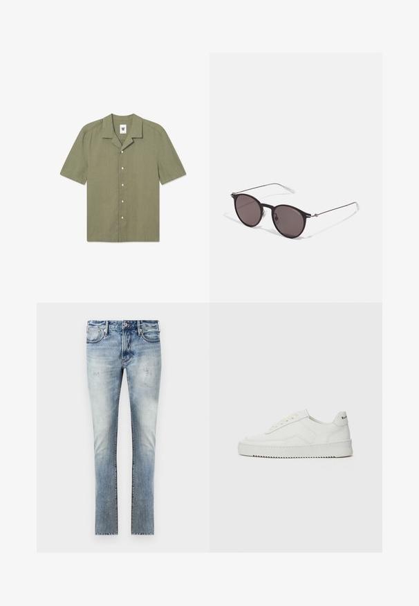 Lühikeste varrukatega, oliivroheline linane särk, millel on kraega kaelus, nööbid ja väike logo vasakul rinnal.; Heledad sinine teksapüksid, mis on kulunud viimistlusega, kitsas lõige, viis taskut ja kontrastõmblused õmblustes.; Valge nahast tennis, millel on sile põhi, ümar varvas, lamedad nöörid ja tekstuuriline tall. Sisaldab diskreetset logo kontsaribal.; Mustad mustad prillid tumedate läätsedega ja õhukeste metallist käepidemetega. Kaarja kujuga seljaosa ja hõbedased aktsendid hingel. Minimalistlik disain.