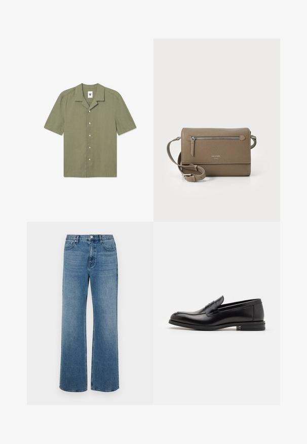 Cămașă cu mânecă scurtă, de culoare verde măslin, din in, având un guler la gât, închidere cu nasturi și un logo mic pe pieptul stâng.; Jeans cu picioare largi din denim, cu un finisaj decolorat. Au cinci buzunare, închidere cu buton frontale și un croi drept.; Mocasini din piele neagră cu o textură netedă, vârf rotund și o curea decorativă peste partea superioară. Toc mic, design minimalist.; Geantă de umăr din piele taupe, cu un buzunar frontal cu fermoar, curea ajustabilă, textură de piatră și logo embosat pe față.