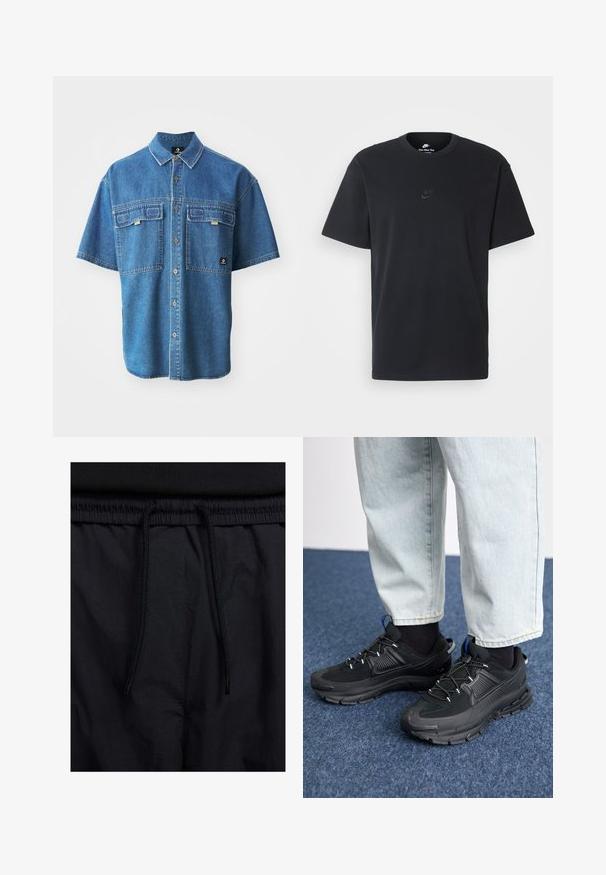 Camisa de denim de manga corta en azul claro, con dos bolsillos en el pecho y un cuello clásico, con costuras visibles y botones marrones.; Camiseta negra de algodón de Nike con un clásico cuello redondo, mangas cortas y un sutil logo en relieve en el pecho. Textura suave.; Pantalones cortos negros con cinturilla ajustable, tejido ligero con una textura suave y un diseño sencillo sin logotipos visibles ni patrones.; Zapatillas deportivas negras con tejido texturizado y suelas de goma, con cordones elásticos y un acento azul en el talón. Combinadas con pantalones de mezclilla claros.