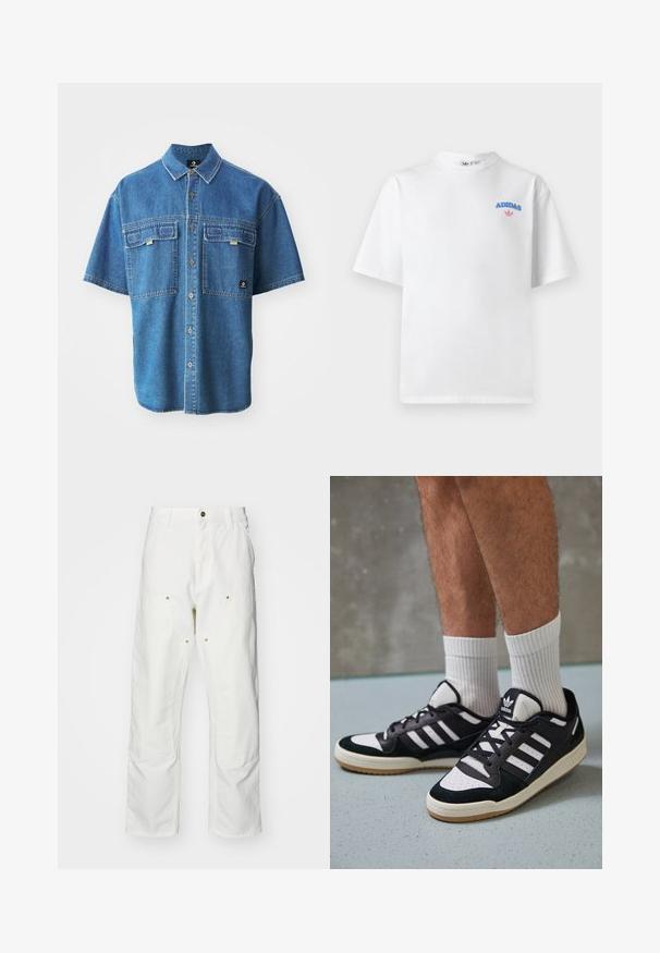 Rövid ujjú világoskék farmering, két mellzsebbel és klasszikus gallérral, látható varrással és barna gombokkal.; Fehér pamut póló rövid ujjakkal, kerek nyakkivágással, kék "ADIDAS" felirattal és rózsaszín logóval a mellrészen. Egyszerű, sima textúrájú.; Fehér pamut cargo nadrág, laza szabású. Jellemzői közé tartozik az elülső zsebek, az arany színű fémalkatrészek és a megerősített térd részek.; Fekete-fehér tornacipők velúr és bőr felsőrésszel, három fehér csíkkal, perforált orral és gumi talppal.