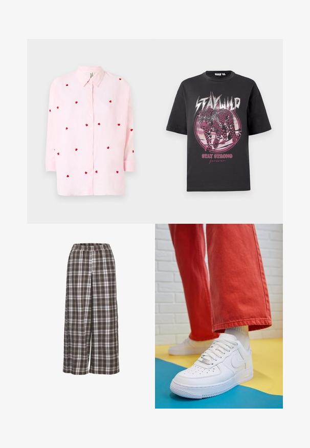 Lichtroze overhemd met knoopsluiting, versierd met verspreide rode geborduurde harten, lange mouwen met opgerolde mouwen en een klassieke kraag.; Zwarte katoenen T-shirt met korte mouwen. Bevat een roze luipaardafbeelding, circulair ontwerp en tekst: "BLIJF WILD" en "BLIJF STERK voor altijd."; Brede geruite broek in bruin, wit en grijs; elastische tailleband; zacht materiaal; heeft een klassiek ruitpatroon.; Witte leren sneaker met geperforeerde teenbox, gestructureerde zool en witte veters, gecombineerd met wijde rode broeken en een blauw-geel achtergrond.