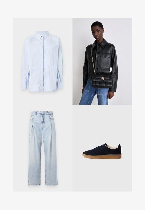 Gaiši zils krekls ar garām piedurknēm, izgatavots no kokvilnas auduma. Piedurkņu galiem ir saišu aizdare, un krekls ir ar standarta apkakli. Gluda tekstūra.; Gaiši zilas džinsu bikses ar augstu jostasvietu, plats kāju griezumu, divām sānu kabatām un krokotā dizaina akcentiem. Mīksta tekstūra ar izdilušu apdari.; Naktī zilas zamšādas sporta kurpes ar gumijas zoles gumiju, zilām šņorēm un minimālistisku dizainu. Sānos ir iespiests logotips un gluda iekšējā odere.; Melnas ādas jaka ar pogu aizdari un divām priekšējām kabatām, kopā ar melnu pufīgu rokassomu ar zelta sprādzi un ķēdes siksnu.