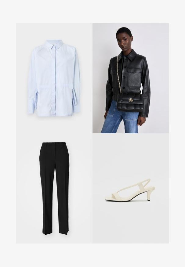 Gaiši zils krekls ar garām piedurknēm, izgatavots no kokvilnas auduma. Piedurkņu galiem ir saišu aizdare, un krekls ir ar standarta apkakli. Gluda tekstūra.; Melnas pielāgotas bikses ar taisnu kāju dizainu, kas raksturojas ar gludu faktūru un asiem krokām pa priekšu. Nav redzamu metāla detaļu.; Beige bloku papēžu sandales ar plānām siksnām un kvadrāta formas purngalu. Gluda materiāla virsma ar minimālām detaļām, paredzētas ērtai nēsāšanai.; Melnas ādas jaka ar pogu aizdari un divām priekšējām kabatām, kopā ar melnu pufīgu rokassomu ar zelta sprādzi un ķēdes siksnu.