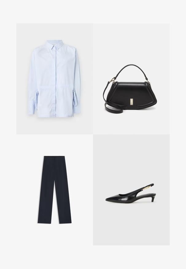Light blue button-up shirt made of cotton fabric. Features long sleeves with ties at the wrists and a standard collar. Smooth texture.; Navy wide-leg trousers featuring an elastic waistband, two side pockets, and a smooth, woven texture. No visible patterns or hardware details.; Black leather slingback heels with a pointed toe, featuring a slim heel and a gold-tone accent on the adjustable strap. Smooth texture.; Black leather handbag with a structured design, featuring a cropped shape, top handle, and gold hardware accent. Adjustable shoulder strap included.