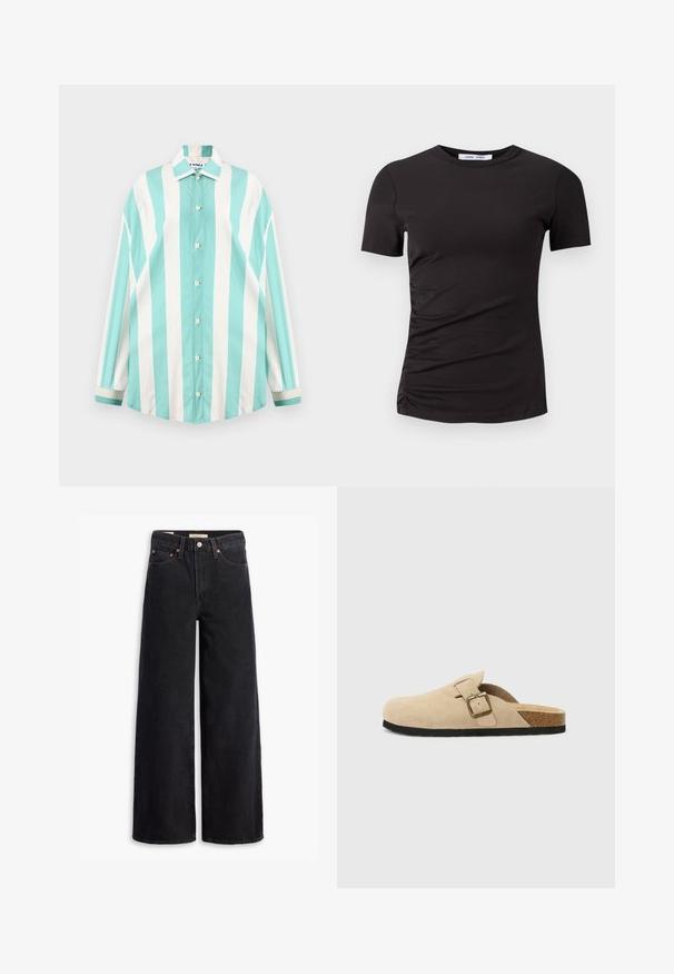 Sunnei MEGA OVER SHIRT TIE - Button-down blouse - off white/green; Black short-sleeve t-shirt made of soft fabric, featuring a crew neck and gathered detailing on the left side for subtle texture.; Black wide-leg jeans made of denim, featuring five pockets, copper rivets, and a classic button closure. Smooth texture with a clean design.; Beige suede slide-on clogs with a cork footbed, rounded toe, and a simple strap featuring a gold-tone buckle. Rubber sole for grip.