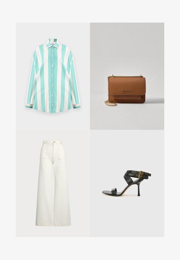 Sunnei MEGA OVER SHIRT TIE - Button-down blouse - off white/green; Wide-leg jeans in off-white denim. High-waisted design with a button closure, two front pockets, and contrast stitching details.; Black heeled sandal with crossed straps and adjustable buckle. Features a smooth texture and tapered stiletto heel.; Brown textured leather crossbody bag with gold chain strap and flap closure. Front features logo detail and a pocket under the flap.