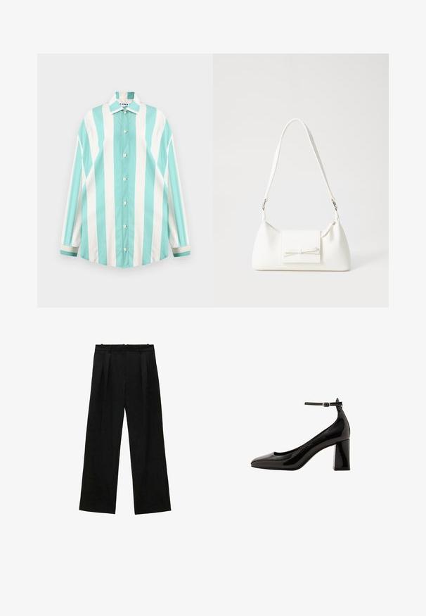 Sunnei MEGA OVER SHIRT TIE - Košilová halenka - off white/green; Černé široké kalhoty s plisováním, s hladkou texturou a vysokým pasem. Minimalistický styl, žádné viditelné kovové prvky nebo ozdoby.; Černé lakované lodičky s ankletovým páskem, lesklým povrchem, špičatou špičkou a silným blokovým podpatkem. Hladký povrch, minimální detaily.; Bílá syntetická kabelka v trojúhelníkovém tvaru, s plochým předním klopným víkem a detailem mašle, nastavitelným popruhem, hladkým povrchem a minimalistickým designem.