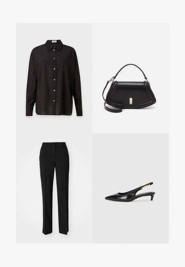 Black button-up shirt with a classic collar, long sleeves, and a relaxed fit. Features shiny buttons along the front. Smooth, lightweight fabric.; Black tailored trousers with a straight-leg design, featuring a smooth texture and crisp creases along the front. No visible hardware.; Black leather slingback heels with a pointed toe, featuring a slim heel and a gold-tone accent on the adjustable strap. Smooth texture.; Black leather handbag with a structured design, featuring a cropped shape, top handle, and gold hardware accent. Adjustable shoulder strap included.