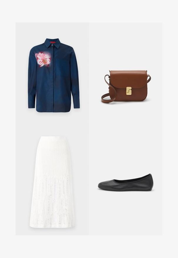 Mörkblå skjorta med ett blommönster i rosa nyanser på vänster bröst, med krage som knäpps ner och en enda ficka framtill.; Stickad vit midi-kjol med en strukturerad mönster med vertikala linjer och utskärningar vid fållen. Elastisk midja. Mjuk material.; Svart läderballerinaskor med rund tå, slät yta, minimala söm detaljer och en flexibel sula.; Brun läderhandväska med klaffstängning, guldfärgad hårdvara, axelrem och en slät yta. Kompakt rektangulär form.