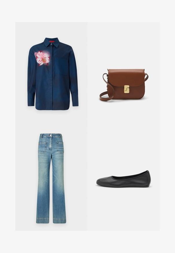Navy blue shirt with a floral design in pink tones on the left chest, featuring a button-down collar and a single pocket on the front.; White short-sleeve t-shirt made of ribbed fabric. Round neckline, regular fit, and subtle stitching details. No patterns or graphics.; Light blue denim flared jeans with five pockets, belt loops, button closure, and a slightly faded texture, featuring a red logo detail on the back.; Black leather ballet flat with a rounded toe, smooth texture, minimal stitching detail, and a flexible sole design.; Brown leather handbag with a flap closure, gold-tone hardware, a shoulder strap, and a smooth texture. Compact rectangular shape.