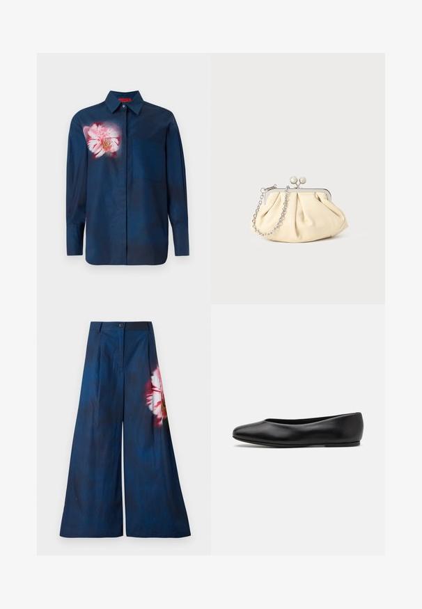 Navy blue shirt with a floral design in pink tones on the left chest, featuring a button-down collar and a single pocket on the front.; Wide-leg trousers in dark navy fabric, featuring a floral print in pink and yellow on one side, with a button closure at the waist.; Paul Smith TOPANGA - Ballet pumps - black; Pleated beige leather clutch with a silver metal frame, featuring two round decorative clasps and a silver chain strap.