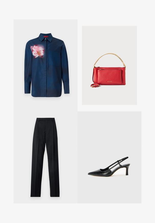 Marineblå skjorte med blomsterdesign i rosa toner på venstre bryst, med krage som kan kneppes ned og en enkelt lomme foran.; Svarte bukser laget av glatt stoff, med høy midje, vide ben, frontfolder og klassiske beltehemper. Ingen synlige sidelommer.; Sorte patent slingback hæl med spids tå, featuring tekstureret slangeskind, justerbar rem og en kort, tekstureret blokhæl.; Rød skinnveske med teksturert overflate, gullkjede og stropp, glidelål-lomme foran og preget logo. Kompakt og strukturert design.
