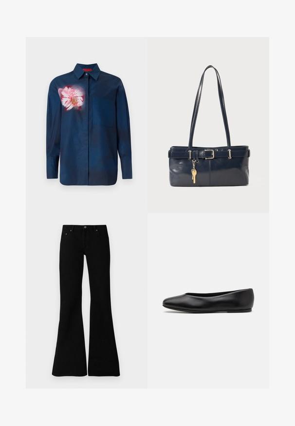 Marineblaue Hemd mit floralem Design in rosafarbenen Tönen auf der linken Brust, ausgestattet mit einem Button-Down-Kragen und einer einzelnen Tasche auf der Vorderseite.; Schwarze Bootcut-Jeans aus Denim, die über ein klassisches Fünf-Taschen-Design, einen Knopfverschluss und dezente Nähte entlang der Säume verfügen.; Paul Smith TOPANGA - Klassischer Ballerina - black; Marineblaue Lederhandtasche mit zwei langen Griffen, einer Schnallen-Detailierung und einem daran befestigten Schlüsselanhänger. Besitzt eine glatte Textur und eine rechteckige Form.