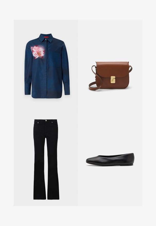 Camisa azul marinho com um padrão floral em tons de rosa no lado esquerdo do peito, com colarinho de botão e um único bolso na frente.; Calças pretas de ganga em corte flare, com dois bolsos frontais, fecho com botão e uma textura suave. Costura característica visível nas costuras.; Paul Smith TOPANGA - Sabrinas - black; Bolsa de couro castanho com fecho de aba, decoração em tom dourado, alça de ombro e textura suave. Formato retangular compacto.