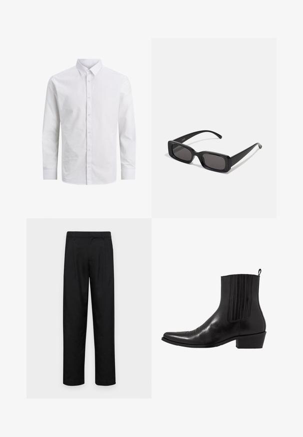 Wit overhemd met lange mouwen van glad katoen, met een klassieke kraag en een sluiting met knopen aan de voorkant, zonder patronen of accenten.; Zwarte broeken van gladde stof, met een recht model, twee voorknikken en een standaard tailleband met riemlussen.; Zwarte leren enkellaarzen met een spitse neus, elastische zijpanele, verticale stiksels en een lage blokhak.; Zwarte rechthoekige zonnebril met donkere lenzen, glanzende afwerking, brede pootjes en een robuust frameontwerp. Gegraveerde merknaam op één van de pootjes.