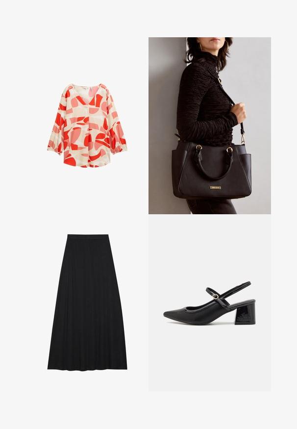 Leichte, cremefarbene Bluse mit auffälligen roten und rosa abstrakten Mustern, V-Ausschnitt und langen Ärmeln mit elastischen Bündchen. Mit Knopfdetails.; Schwarzer Maxirock aus weichem, fließendem Stoff. Er verfügt über einen elastischen Bund und eine volle, A-Linie Silhouette mit glatter Textur.; Schwarze Lackleder-Slingback-Absätze mit spitzer Zehenform, einem runden Ausschnitt-Design und einem Blockabsatz. Mit einem goldfarbenen Schnallenakzent.; Schwarze Handtasche mit strukturierten Oberflächen, doppelten Obergriffen und verstellbarem Schultergurt. Mit goldfarbener Hardware und Seitentaschen.