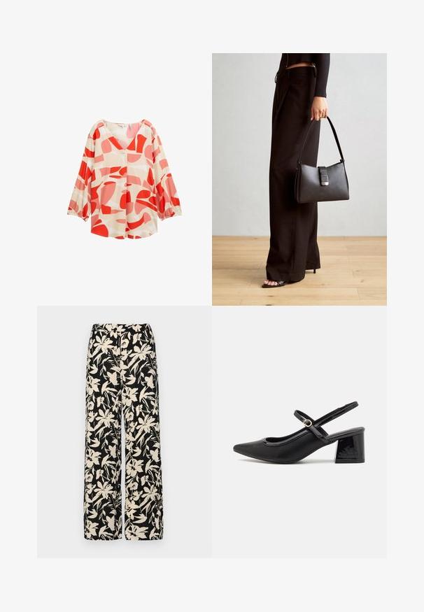 Blusa leggera in crema con audaci motivi astratti rossi e rosa, scollatura a V e maniche lunghe con polsini elasticizzati. Presenta dettagli con bottoni.; Pantaloni larghi neri con un motivo floreale crema. Realizzati in tessuto leggero, con una texture liscia e una vita alta.; Décolleté in vernice nera con cinturino dietro, punta affusolata, design con ritagli arrotondati e tacco a blocco. Presenta un accento di fibbia tono oro.; Borsa nera con forma strutturata, texture liscia e una chiusura metallica. Abbinata a pantaloni neri larghi e sandali open-toe su un pavimento in legno.
