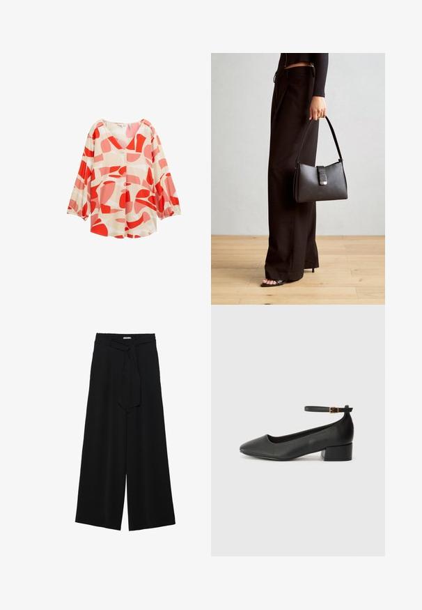 Lightweight, cream blouse with bold red and pink abstract patterns, V-neckline, and long sleeves with elastic cuffs. Features button detail.; Black wide-leg pants featuring a textured fabric, an elastic waistband, and a detachable sash tie at the waist for adjustable fit.; Black leather pump with a pointed toe and a low block heel. Features an ankle strap with a gold-tone buckle. Smooth texture.; Black handbag with structured shape, smooth texture, and a metallic clasp. Paired with wide black pants and open-toe sandals on wooden floor.