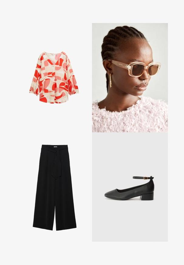 Blusa ligera de crema con atrevidos patrones abstractos en rojo y rosa, escote en V y mangas largas con puños elásticos. Presenta detalles de botones.; Pantalones de pierna ancha negros con un tejido texturizado, una cinturilla elástica y un lazo desmontable en la cintura para un ajuste ajustable.; Zapato de tacón negro de cuero con punta afilada y tacón bajo cuadrado. Presenta una correa para el tobillo con una hebilla en tono dorado. Textura suave.; Gafas de sol beige de gran tamaño con una montura transparente y lentes tintados marrones, que presentan sutiles acentos florales y un diseño geométrico audaz.