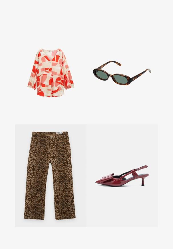 Lightweight, cream blouse with bold red and pink abstract patterns, V-neckline, and long sleeves with elastic cuffs. Features button detail.; Leopard print pants featuring a brown and black pattern, straight-leg design, and classic five-pocket styling. Made from cotton blend fabric.; Red patent leather slingback kitten heel with pointed toe and large bow detail on upper against white background.; Tortoiseshell sunglasses with oval frames and green lenses. Features thin arms with a metallic accent near the hinges.