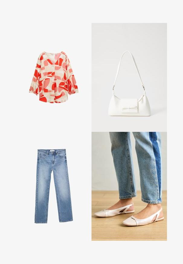 Lahka, kremna bluzica z drzno rdečimi in rožnatimi abstraktnimi vzorci, z V-izrezom in dolgimi rokavi z elastiko na zapestjih. Ima detajl gumbov.; Modre kavbojke ravnega kroja, z blagim pranjjem, petimi žepi in klasičnim gumbom. Iz bombažnega materiala z opaznim šivom.; Svijetloružičaste slingback balerinke s šiljastim nožnim prstima, napravljene od glatkog materijala nalik koži. Imaju izrezane detalje sa strane i ravne pete.; Bela sintetična torbica v obliki trikotnika, z ravnim sprednjim poklopcem in detajlom mašne, nastavljivim trakom, gladko teksturo in minimalističnim dizajnom.