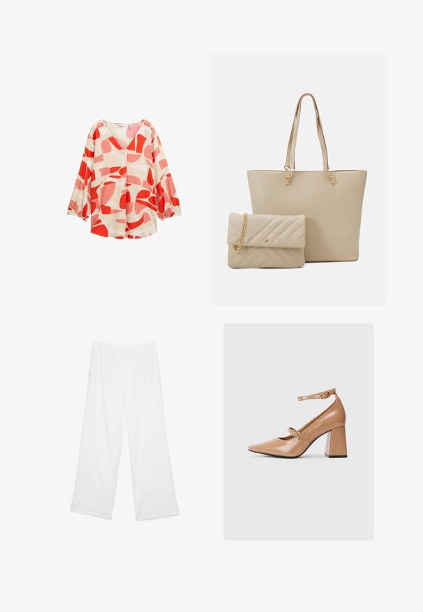 Lichtgewicht, crèmekleurige blouse met gedurfde abstracte patronen in rood en roze, V-hals en lange mouwen met elastische manchetten. Heeft knoopdetails.; Wijduitlopende broeken van witte stof, met een gladde textuur, zijzakken en een klassieke tailleband met riemlussen.; Beige lakleren hoge hakken met een puntige neus, een enkelbandje en een chunky vierkante hak. Gladde textuur met een glanzende afwerking.; Beige shoppers tas met platte handvatten, een gladde textuur en gouden accenten, gecombineerd met een bijpassende doorgestikte clutch met een kettingband.