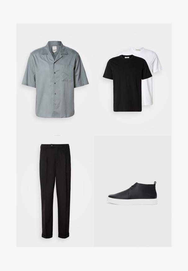 Šviesiai pilkos spalvos trumpomis rankovėmis mygtukine marškinėlių palaidine, pagaminta iš lygaus audinio, su krūtinės kišene ir klasikinio apykaklės dizainu.; Du riebi medvilniniai marškiniai, vieni juodi, padėti prie baltų, abu trumpomis rankovėmis ir apvaliais iškirpimais.; Juodos kelnės su lygiu paviršiumi, tiesaus kirpimo, su dviem priekinių kišenių ir vieno mygtuko uždarymu juosmenyje.; Juodi odiniai aukšti sportbačiai su lygia apdaila, balta guma padu ir paprastu raištelių dizainu. Gale yra įtempimo juostelė.