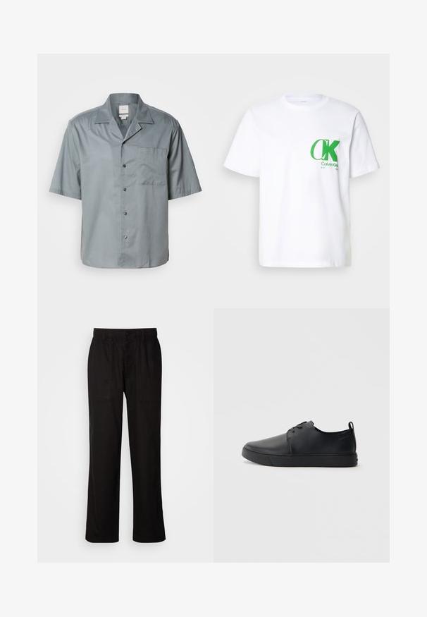 Kortermet skjorte med knappestolpe i lys grått stoff med glatt tekstur, med brystlomme og klassisk kragedesign.; Hvit bomulls t-skjorte med en grønn CK-logo på venstre bryst. Klassisk crew neck-design med korte ermer og rett kant.; Svart bukser med avslappet passform, laget av lett stoff. Har elastisk midjebånd, knapplukking og to frontlommer.; Svart lær sneakers med glatt overflate, rund tå, tonede sømmer, snøring foran og flat gummisåle. Løkke på hælen.